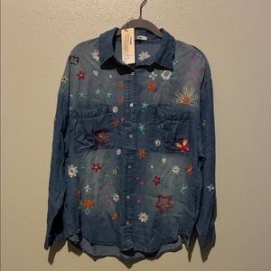Embroidered Denim Button Down Shirt